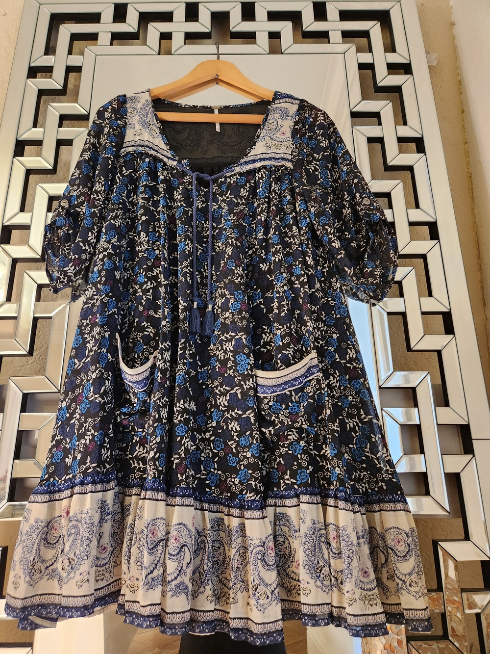 Free People Black Floral Mini Dress with Blue & Cream Accents.